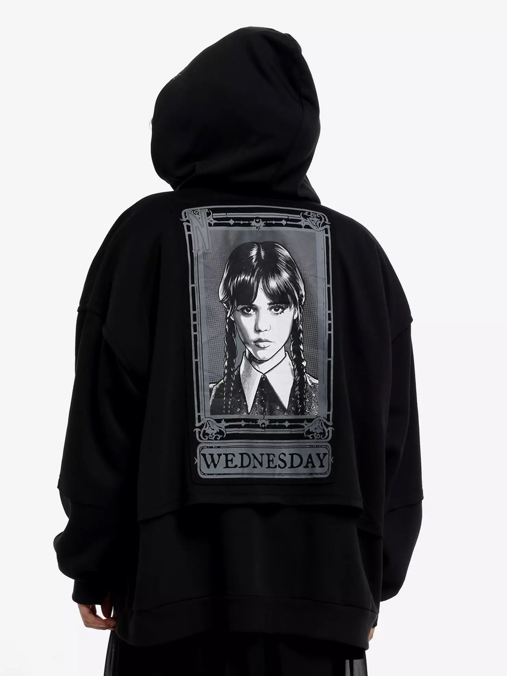ADDAMS FAMILY Wednesday Split Window Girls Oversized Hoodie Black Size L NEW